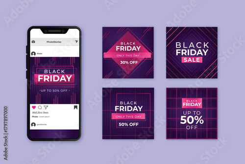 black friday instagram post collection violet vector design illustration