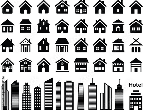 A comprehensive vector collection of building icons, featuring simple geometric house silhouettes and modern skyscraper graphics for real estate or architectural design