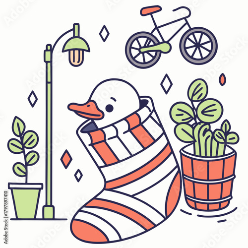 Cute Funny Duck, accessorized with snuggled in a sock, in a Urban Jungle world – Urban Jungle palette vector
