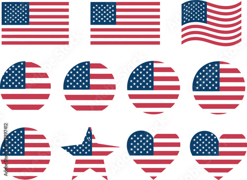A collection of United States flag icons in various creative shapes, including standard rectangles, circles, a star, and a heart, isolated on a white background