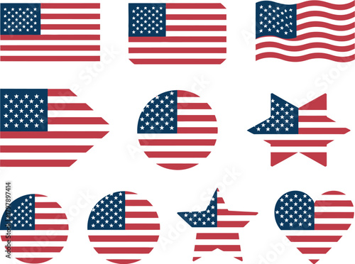 A versatile collection of American flag icons and symbols in various creative shapes including circles, stars, and hearts, representing USA patriotism