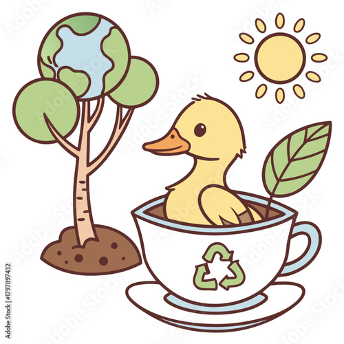 Creative SVG: Shy Duck with in a teacup in a Go Green Planet colored Earth Day theme