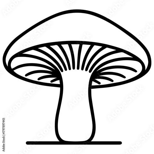 Minimalist line drawing of a single forest mushroom with a broad cap and bold gills, shown in clean black outline on a white background—perfect for stickers, logos, and nature-themed designs.