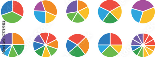 A versatile set of colorful pie chart icons with varying segments for data visualization and business infographics