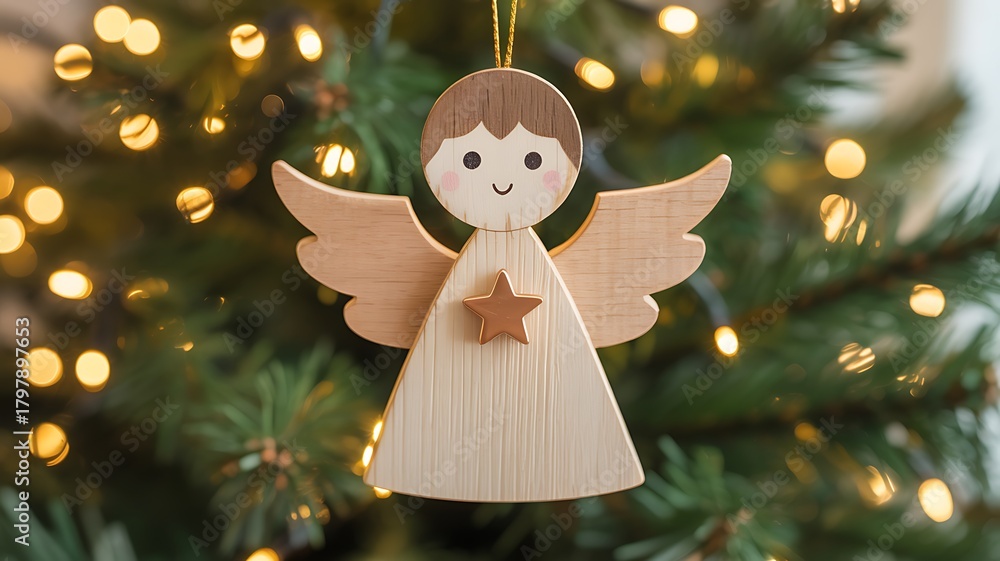 Obraz premium Charming handmade wooden angel ornament with delicate wings and a star detail hanging on a festive christmas tree with blurred bokeh lights