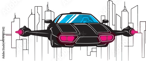 Abstract city skyline,  Retro-futurism style of a flying car silhouette. 7
