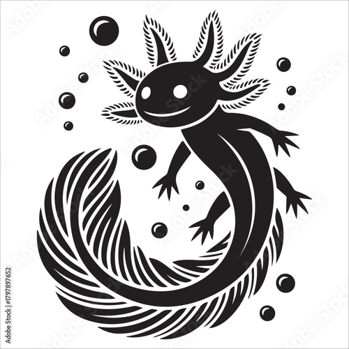 Stylized axolotl silhouette vector illustration, cute amphibian salamander icon art unique amphibian
