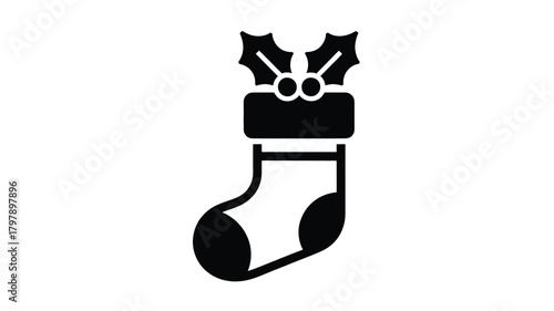 Simple black silhouette of a christmas stocking adorned with holly leaves and berries perfect for holiday decorations and festive designs silhouette