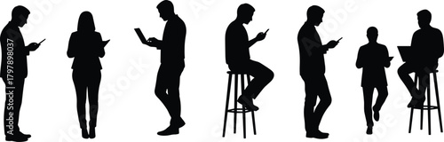 Business people silhouettes using smartphone and laptop, digital communication, office technology concept, teamwork, modern workplace illustration, vector design, productivity, connection