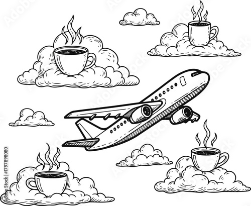 Airplane Flying Among Clouds with Coffee Cups and Steam in Hand Drawn Style aircraft