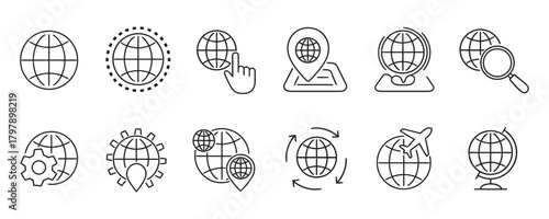 Global business vector icon set for website design, SEO, international travel, and digital marketing - modern and clean style for easy customization