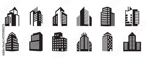Modern city skyline icons for real estate and construction businesses seeking professional, contemporary designs for branding and marketing materials