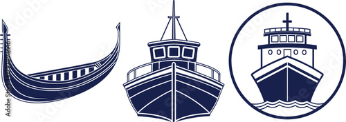Collection of Three Stylized Nautical Vessel Icons in Navy Blue boat ship