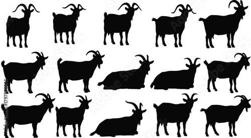 Goat silhouettes, black vector icons, farm animal shapes, livestock graphics, rural design elements, nature illustrations, goat poses, agriculture assets