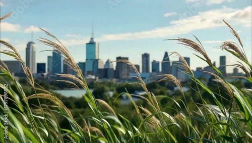 Tall grasses Swaying in the Wind with New York City Skyline in the Background