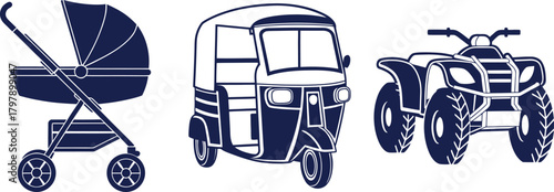 Baby Stroller, Auto Rickshaw, and ATV Quad Bike Icons pram carriage