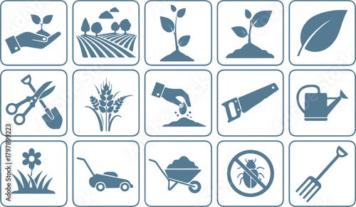 Gardening and agriculture icons, depicting planting, tools, and growth