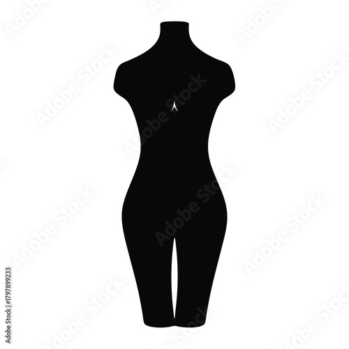 Black mannequin with curvy female body standing isolated on white background
