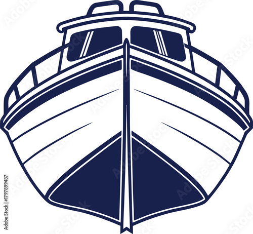 Front View of a Stylized Blue and White Motor Yacht with Clean Lines boat motorboat
