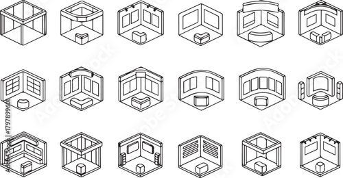 Architectural isometric view icons of building corners and rooms, line art style