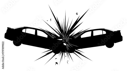 Vector illustration of silhouette of two cars colliding in a car crash on a transparent background