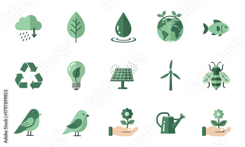 Collection of green ecofriendly icons representing nature, environment, and sustainability