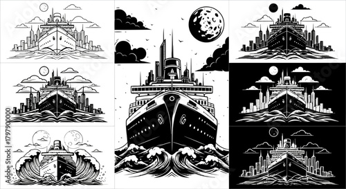 Stylized cruise ship on waves with cityscape silhouette vector illustration