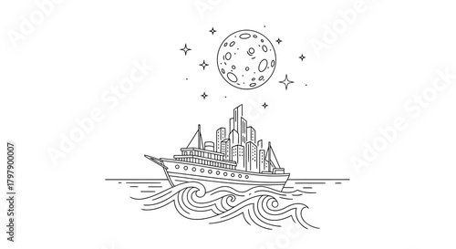 Cruise liner sailing towards city skyline under moon vector illustration