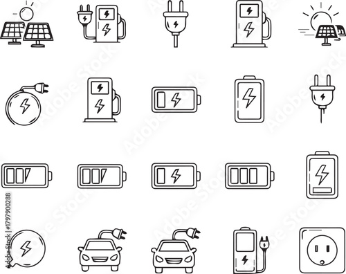 Electric vehicle charging infrastructure and battery status icons, including solar panels and power outlets