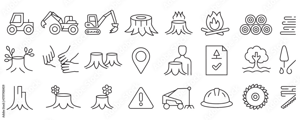 Naklejka premium Explore a collection of forestry icons representing tree removal, deforestation, logging, and reforestation in a modern line art style
