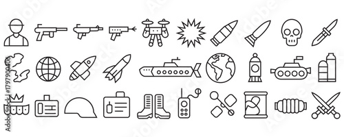 Dynamic war and military vector icon set with weapons, soldier, vehicles, and global conflict equipment for modern game design projects