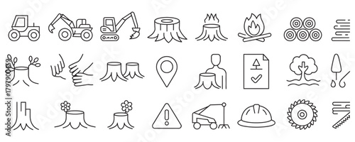 Explore a collection of forestry icons representing tree removal, deforestation, logging, and reforestation in a modern line art style