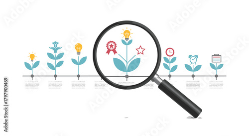 Magnifying glass focused on a plant representing growth and success, Generative AI.