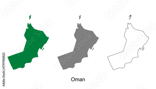 Oman map set. Oman map vector. Oman map on green, gray, and outline