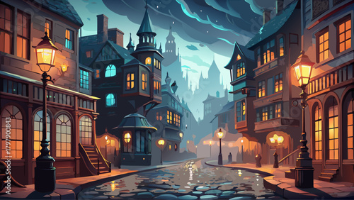 Very beautiful atmospheric Victorian-era city scene on a moody evening, featuring glowing gas-lights, drifting fog, and wet cobblestone streets lined with historic architecture in a timeless, cinemati
