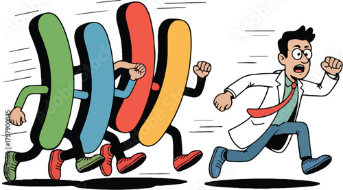 Cartoon man in lab coat chases colorful blobs running away scientist