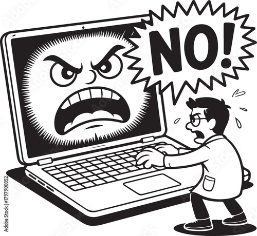 Angry laptop screen yelling N O at stressed man computer face