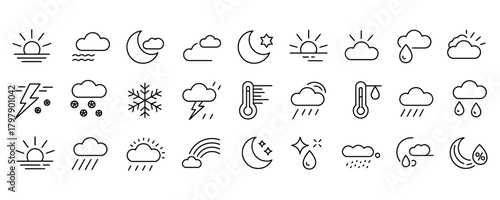 Dynamic weather forecast icons for app design and climate reports featuring sun, moon, clouds, rain, and temperature changes for modern interfaces