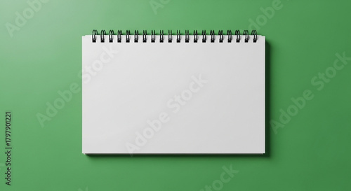 A blank spiral notebook resting on a green surface in a horizontal orientation with a simple composition