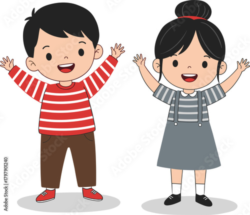 Happy boy and girl standing together, smiling kids raising hands, cute cartoon children illustration, friendship, joy, fun, childhood, school concept