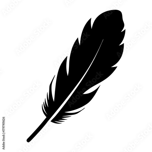 Elegant black feather silhouette on a clean white background, artistic vector art