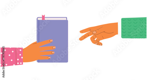 Illustration of hands exchanging a purple book, symbolizing knowledge sharing and education