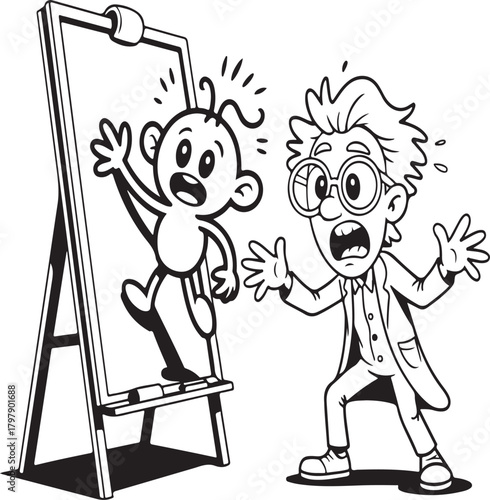 Cartoon scientist reacts to animated drawing on easel animation