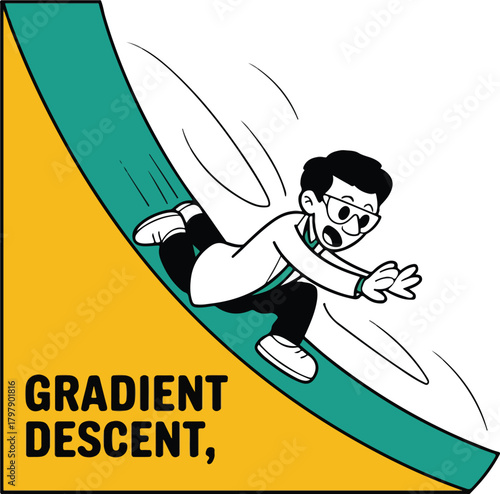 Cartoon scientist sliding down teal slope with yellow background and text descent
