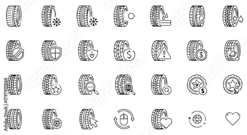 Set of tire icons with different features and symbols