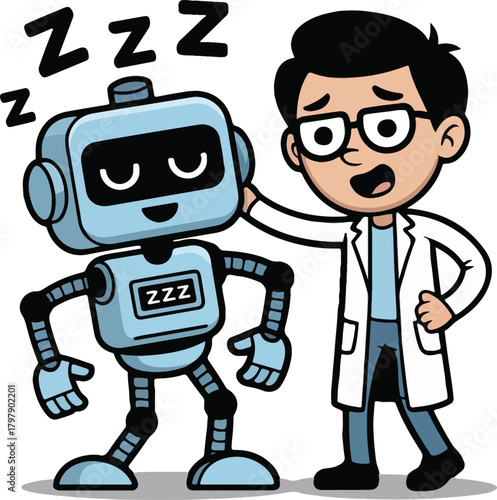 Cartoon scientist with sleeping robot and Z symbols vector
