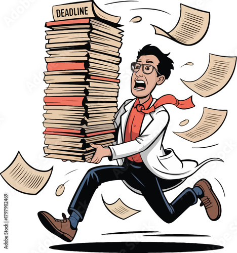 Man running with huge stack of papers labeled deadline vector