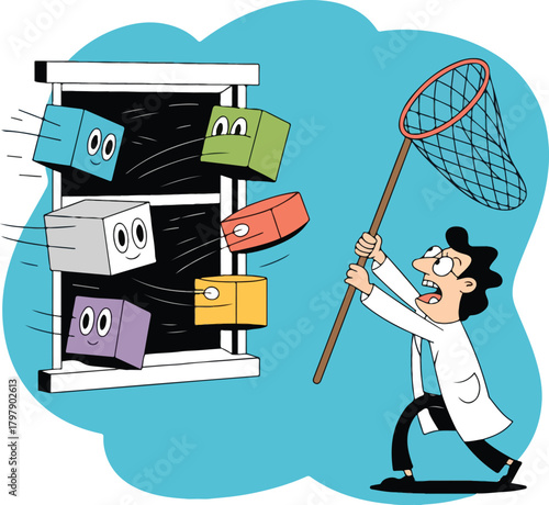 Scientist chasing colorful cubes escaping from window with net cartoon