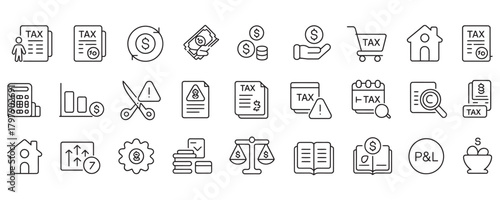 Tax season line icons featuring property, finance, wealth management, and investment strategy for financial planning and savings guidance