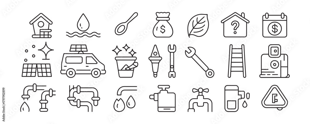 Fototapeta premium Explore eco-friendly home maintenance, plumbing repairs, and energy-saving solutions for a sustainable lifestyle in this modern line art